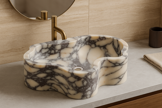 MAREA Calacatta Viola Marble Sink – Sculptural Wave-Form Bathroom Basin