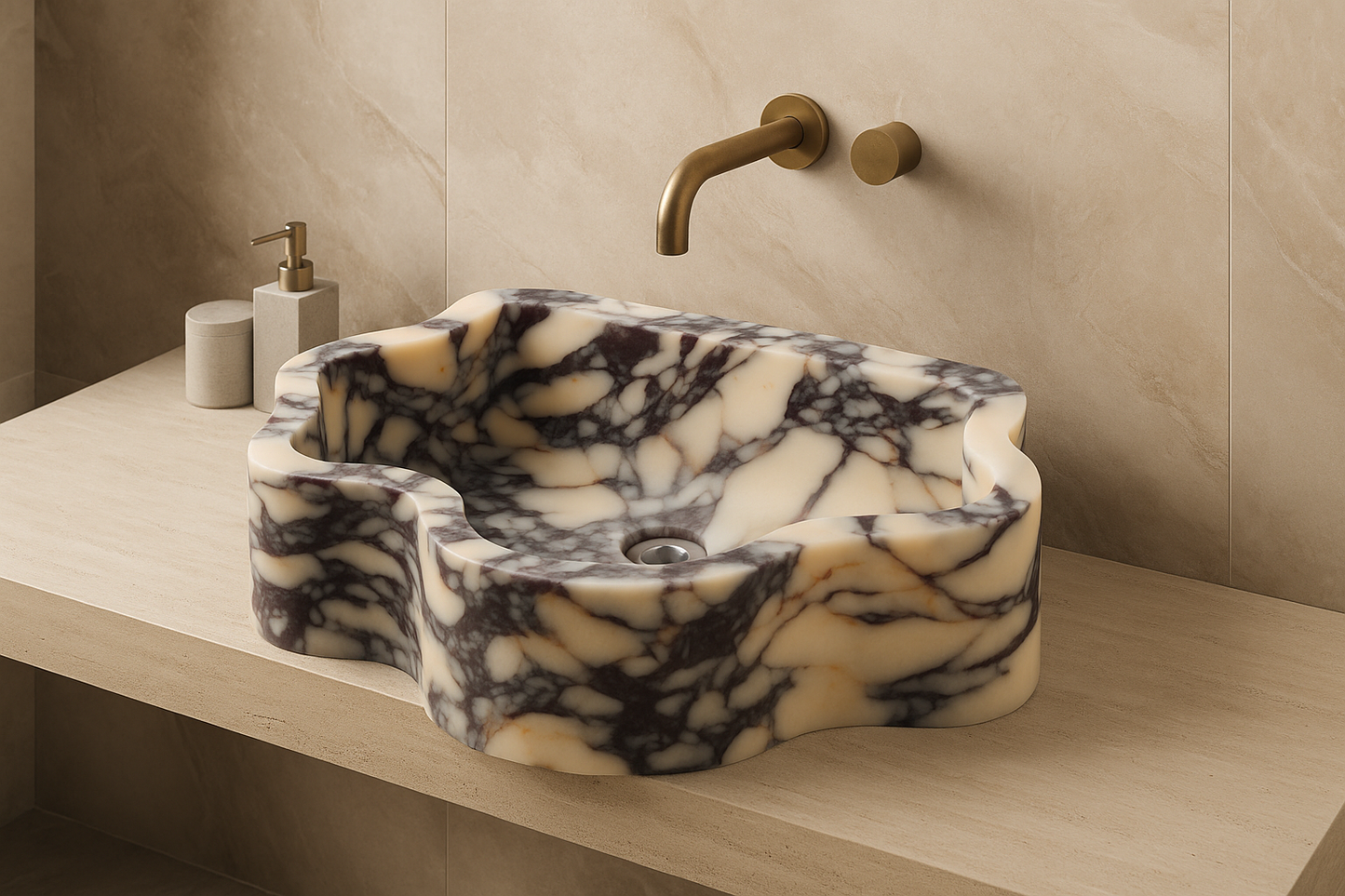MAREA Calacatta Viola Marble Sink – Sculptural Wave-Form Bathroom Basin