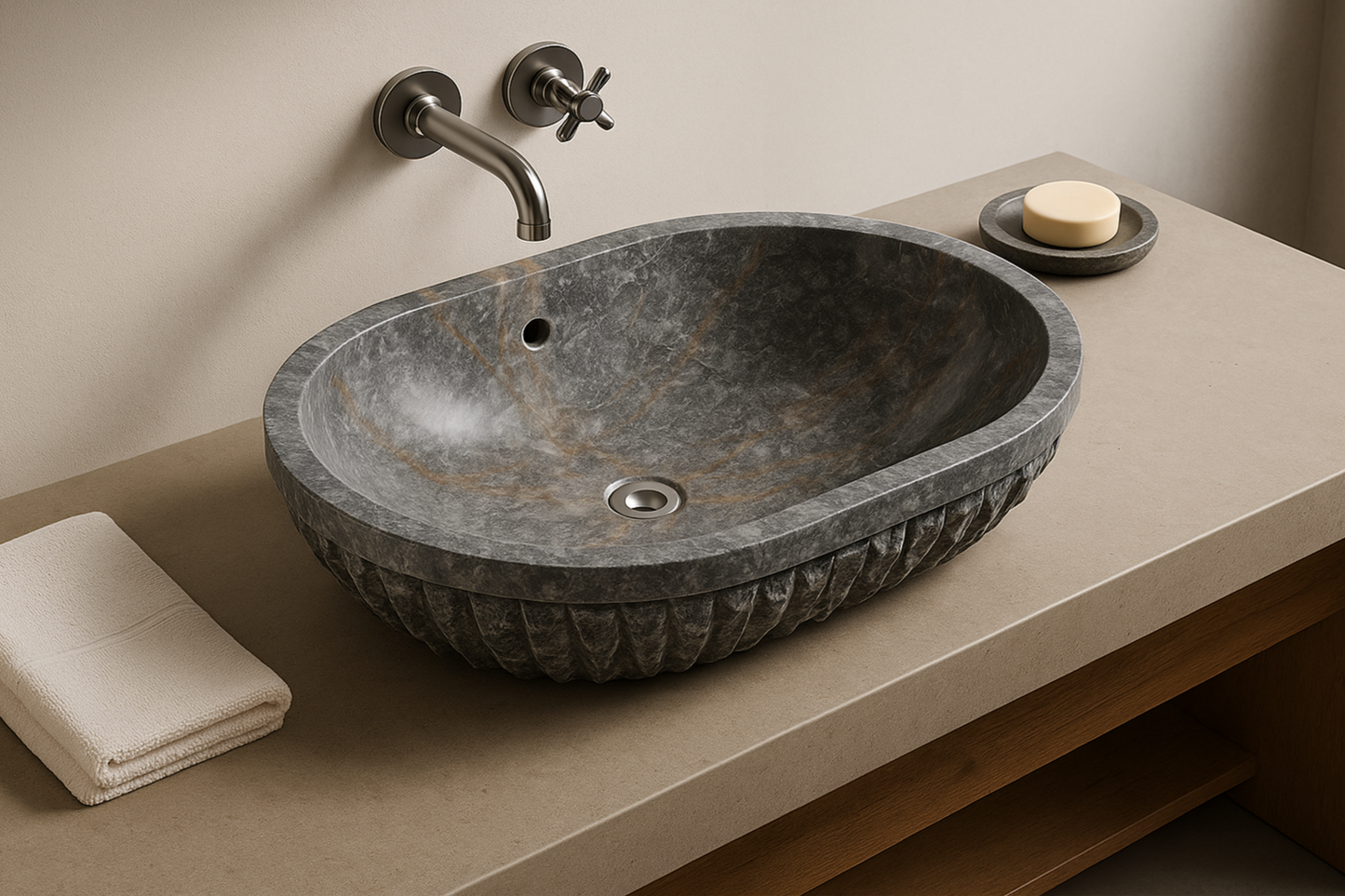 ROCCA Night Grey Marble Sink – Hand-Carved Countertop Bathroom Basin