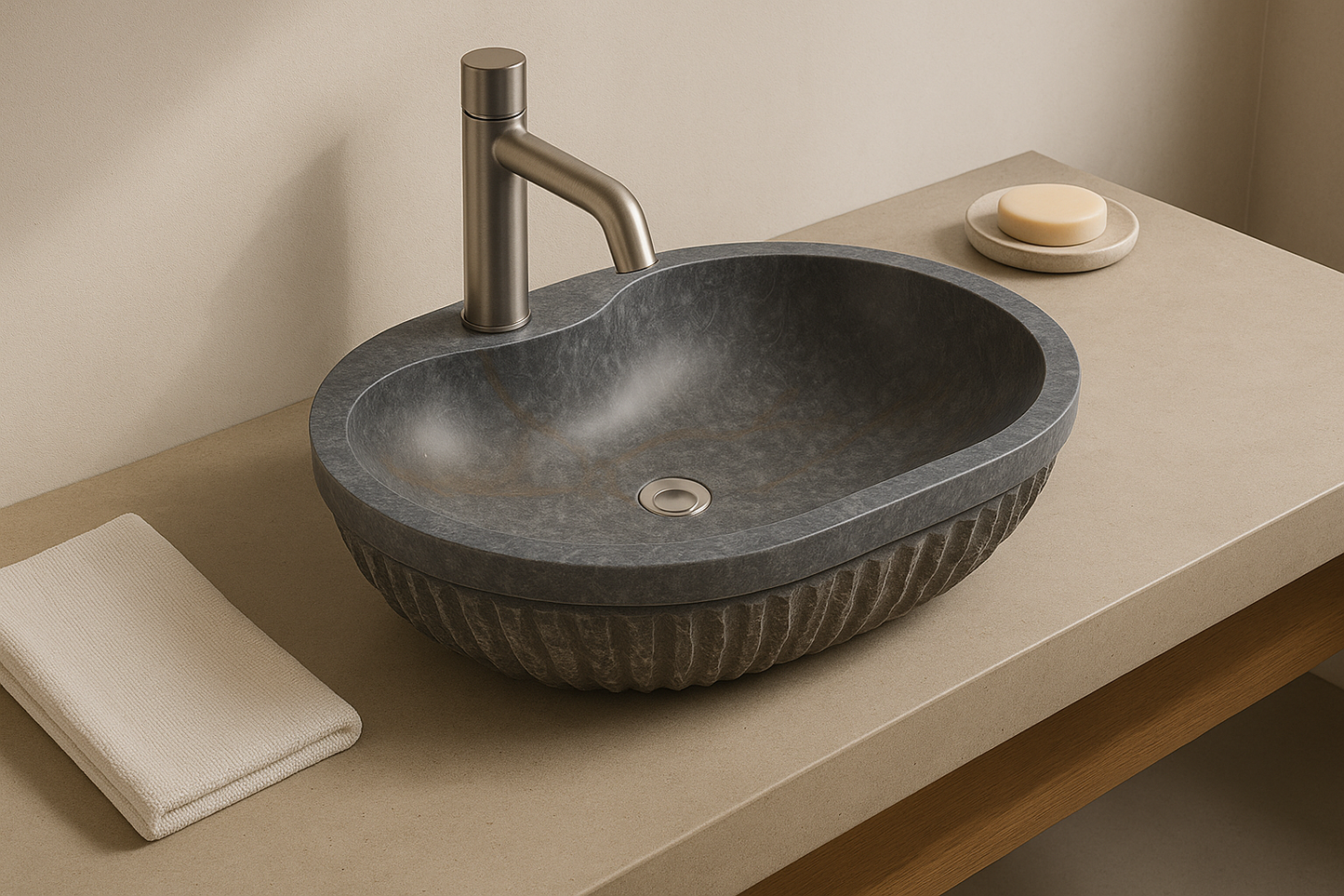 ROCCA Night Grey Marble Sink – Hand-Carved Countertop Bathroom Basin